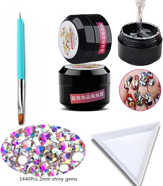 Nail Art Rhinestone Glue Super Sticky 8ml Gem Gel Manicure Polish Adhesive Builder Decoration (UV Light Cure Needed) with Tray Shiny Stone and Paiting Pen