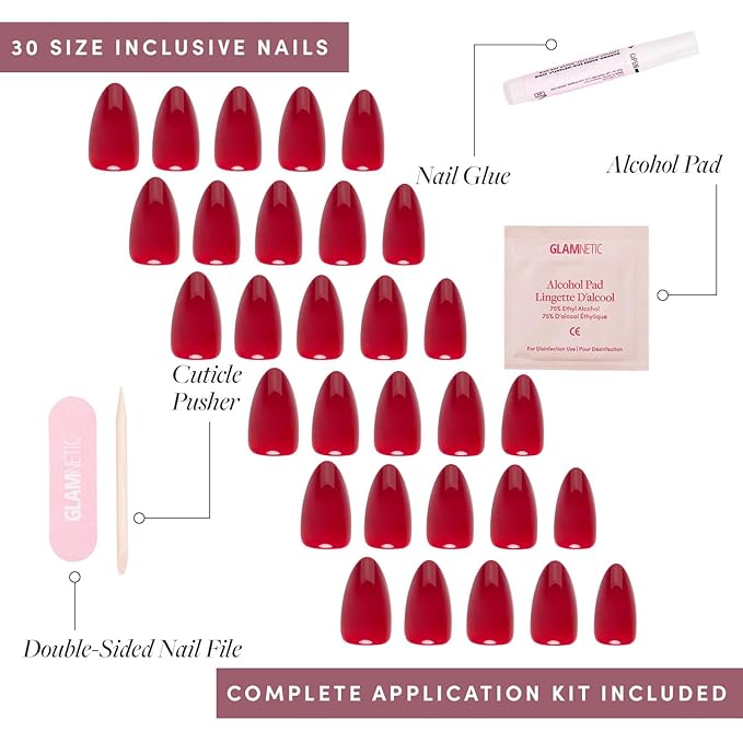 Glamnetic Press On Nails - Classic Red Fake Nails | Opaque Cool Tone, Timeless Red Short Almond Fake Nails, Salon Quality | 15 Sizes - 30 Nail Kit with Glue