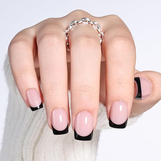 Black French Tip Press On Nails - Short Square Press On Nails, Reusable Glue On Nails with Natural Fit, 30 Pieces 15 Sizes False Nail Kit for Women, Black French Tip - Square