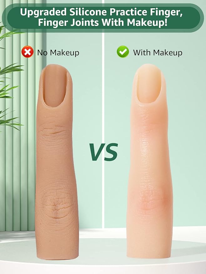2 Pieces Silicone Practice Fingers for Acrylic Nails, Fake Training Hand Finger Model Flexible Bendable Mannequin Finger, Soft Realistic Joint Nail Practice Fingers with Makeup for Nail Art (Color 1)