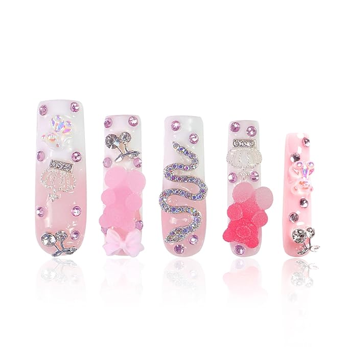 LOVFUL Press on Nails Gummy Bear Glam | Handmade with Full Covered Crystals | Reusable Fake Nails | Square Mid length 1.7in | H26-S