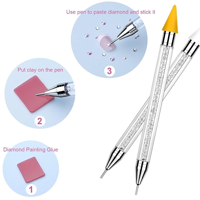Tatuo 2 Pieces Rhinestone Picker Dotting Pen, Dual-ended Rhinestone Gems Crystals Studs Picker Wax Pencil Pen Crystal Beads Handle Manicure Nail Art DIY Decoration Tool (White)