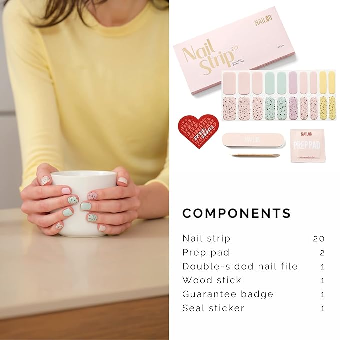 NAILOG Semi Cured Gel Nail Strips for Easter, 20Pcs Long Lasting Pastel Colourful Gel Nail Stickers, Salon Quality Easy Apply & Remove Works with Any UV/LED Nail Lamps, Quail Eggshell