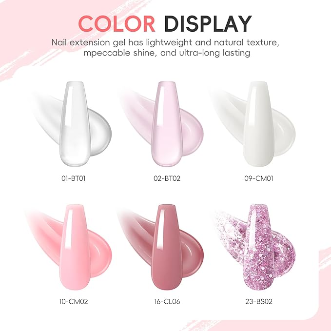 PEACECOLOR 24PCS Poly Nail Gel Kit with U V Light 6 Colors Pink White Clear Nude Glitter Nail Extension Gel with Base Glossy & Matte Top Coat Slip Solution Starter Manicure Kit for Women Beginners