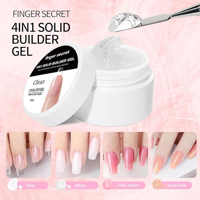 Solid Nail Builder Gel Set, Nudepink & Clear Nail Extension Gel with Nail Art Tools, DIY Non Stick to Hand for Nail Art, Solid Builder Gel for Long Lasting Manicures Nail Enhancement Gel Poly Nail Gel