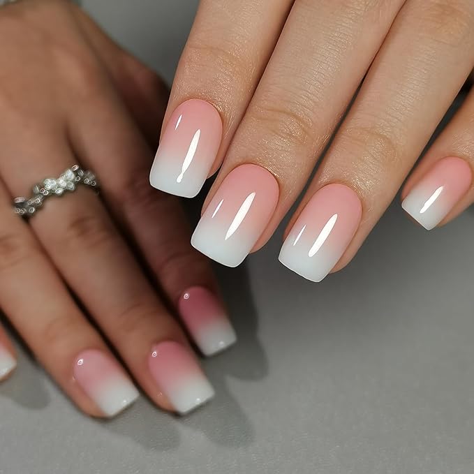 Curvlife Press on Nails Acrylic Fake Nails with Ivory Gradient White Design Full Cover False Nails for Women Reusable Nail Kit with Nail Glue Adhesive Tabs