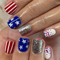 Press on Nails Independence Day Short Square Fake Nails with Polka Dot Designs Cute Patriotic Acrylic False Nails Sliver Glitter Stick on Nails Stripe Glue on Nails for Women 4th of July