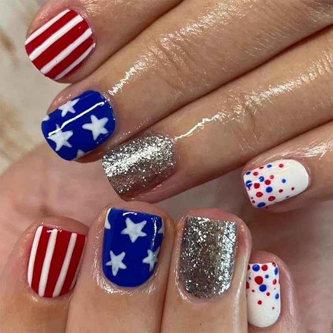 Press on Nails Independence Day Short Square Fake Nails with Polka Dot Designs Cute Patriotic Acrylic False Nails Sliver Glitter Stick on Nails Stripe Glue on Nails for Women 4th of July