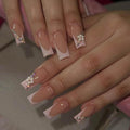 Hkanlre French Square Press on Nails Medium Fake Nails Tips Full Cover Flower False Pink Nails for Women and Girls 24PCS