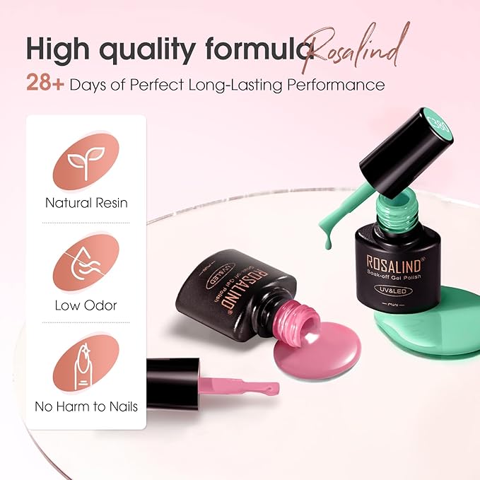 ROSALIND 30PCS Gel Nail Polish Set with Base Glossy Matte and Glitter Top Coat Gel Polish, Green Pink Fall Winter Gel Nail Set Soak Off Gel Polish Set