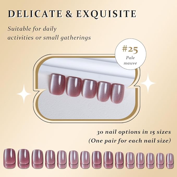 evpct Pale Mauve Cat Eye Short Press on Nails Square, Stick on Nails Short Square for Women Gift, Mauve Metallic Glitter Glossy nails press ons, Reusable Stick Press on Acrylic Fake Nail with Designs