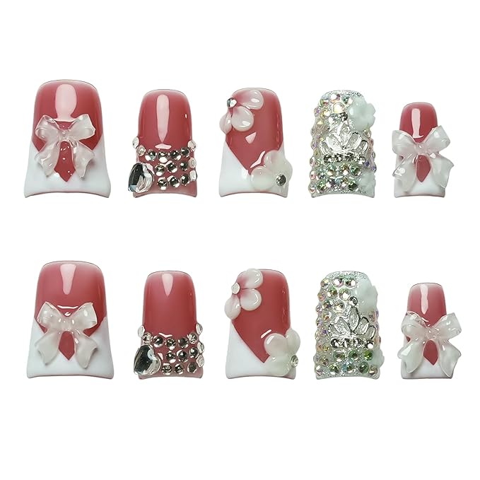 Handmade Press on Nails Short Duck 3D White French Tip with V Design 3D Bow Flower Rhinestones Charms Nude Base Elegant Sturdy Art Pink 10 Pcs False Nails Set (Soft Pink Ivory Bow,S)