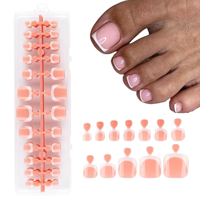Lamemoria Pre-Design Nude Pink Gel French Nail Toetips, Short French Press On Toenails Square Shape, Basic Fake Nails With Glue Tabs 240 Pcs/Set
