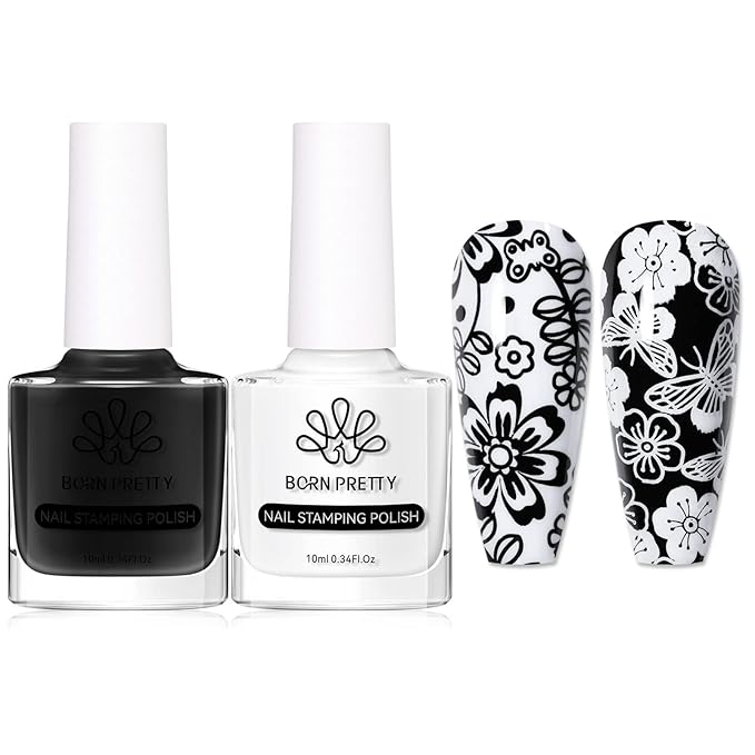 BORN PRETTY Nail Art Stamping Polish White Black Manicure Image Stamp Polish Set Print Polish Varnish 2 Bottles 10ml 0.34fl oz