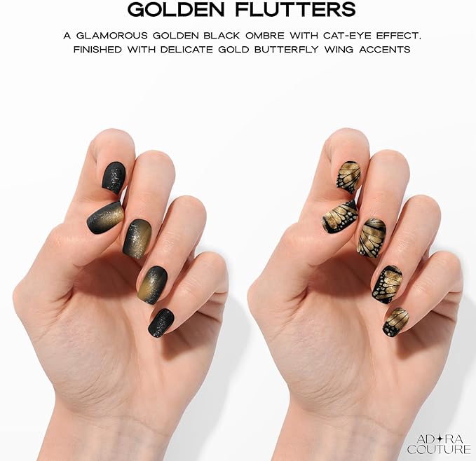 Semi Cured Gel Nail Strips with 30 Pieces - UV Gel Stickers, Manicure Kit, Easy Application Wraps Includes Prep Pads, Nail File, Wooden Stick - UV Light Required (Golden Flutter)