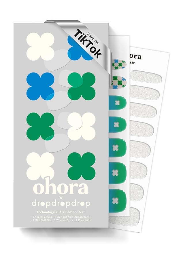 ohora Semi Cured Gel Nail Strips (N Lucky Drop Clover) - Works with Any Lamps, Salon-Quality, Long Lasting, Easy to Apply & Remove - Includes 2 Prep Pads, Nail File & Wooden Stick