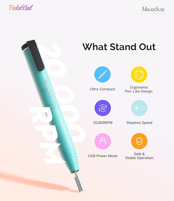 MelodySusie PocketNail Slim Ergonomic Pen-Shaped USB Nail Drill, PC100G 20000RPM Portable Electric File for All Manicure, Pedicure Nail Care, Shaping & Gel Removal at Home for Beginners