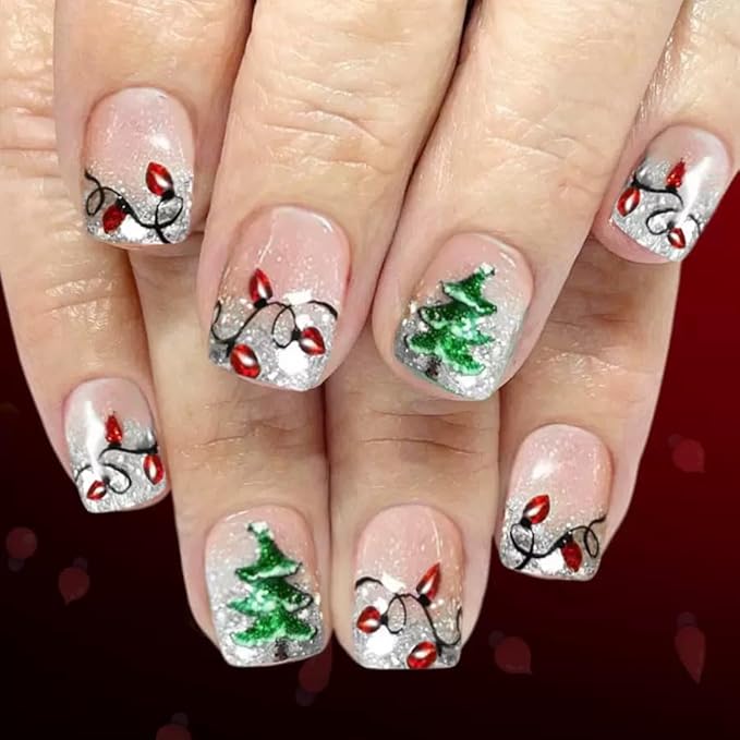 2 Packs 48Pcs Christmas Press on Nails Short Square Fake Nails Elk Antlers Acrylic Nails Christmas Glitter Designs French Ombre Nails Winter Xmas Glue on Nails Kid Set for Women Girls Decoration