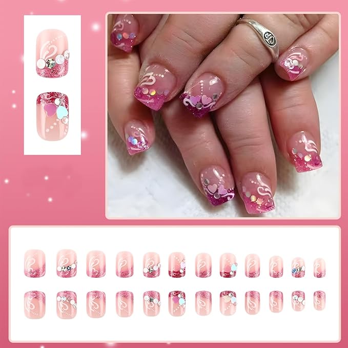 Valentines Nails Short Press on Nails French Tip Glitter Pink Fake Nails with Heart Rhinestone Designs Valentine's Day Glue on Nails Heart False Nails Petite Acrylic Stick on Nails for Women 24Pcs