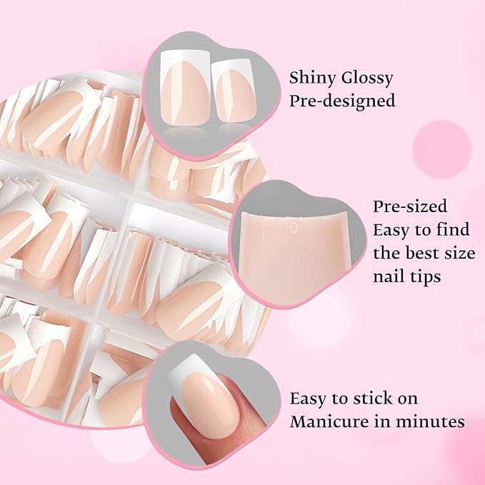 280pc French Tips Press on Nails Medium Square Fake Nail with Glue Tabs, French Tips Glue on Nails Press on Nail Square Acrylic Nails Medium Artificial Fingernails Women Girls Pale Nude False Nails
