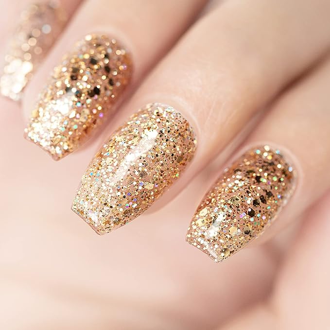 RARJSM Champagne Gold Glitter Gel Nail Polish Sparkly Iridescent Rainbow Shimmer Holographic Gelpolish Soak off L e d U V Curing Required High Pigments Gel for Home Salon Manicure Nail Art 15ml