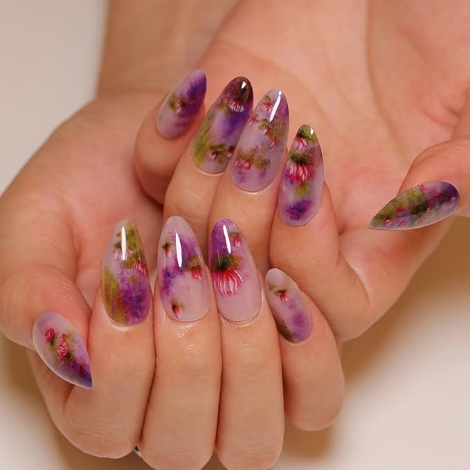 24Pcs Almond Press-On False Nails with Pink Lotus Flower Design, Glossy Purple Gradient Acrylic Artificial Nails for Women Manicure Salon
