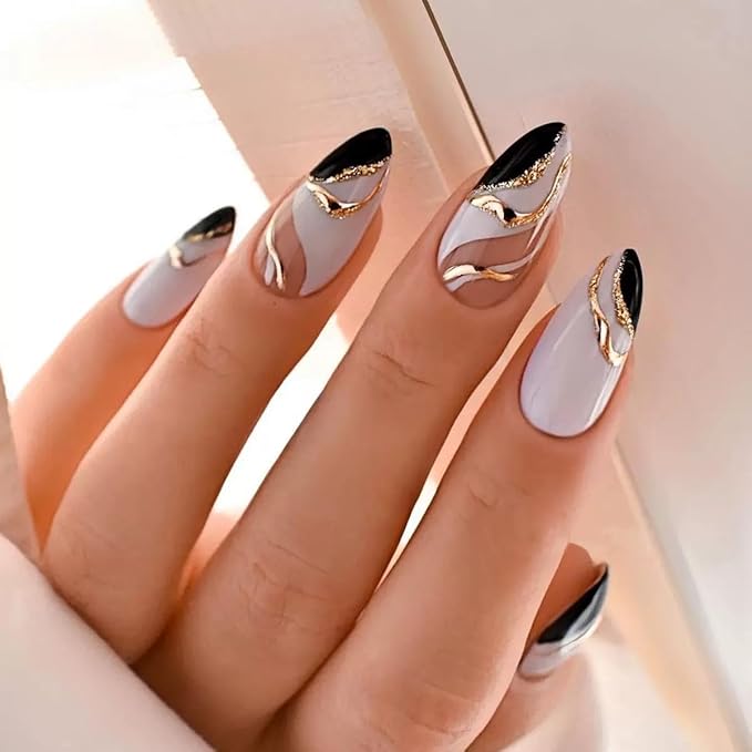 6 Packs (144 Pcs) Press on Nails Medium Almond Fake Nails French Tip False Nails with Designs Leaf Glue on Nail Full Cover Glossy Acrylic Stick on Nail for Women Manicure (Style-16)