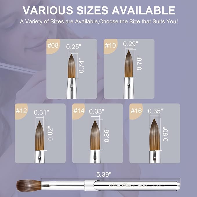 Acrylic Nail Art Brush Size 14, 100% Pure Kolinsky Hair Oval for Application, Professional Extension Manicure Tool Striping Drawing Pen DIY Home Salon, Silver, 1.0 Count