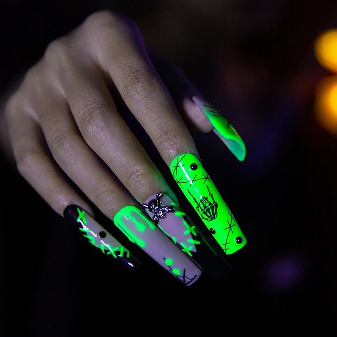 LOVFUL Press on Nails Halloween Luminous Lurker | Glow in the Dark | Handmade with Full Covered Crystals | Reusable Fake Nails | Square Mid length 1.7in | H339-L