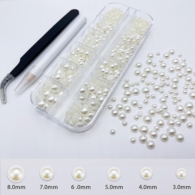 Nail Pearls Rhinestones for Nail Art,Clear Nail Gems Diamonds and AB Nail Crystals,Beige Flat Pearls for Nails,Nail Beads Supplies Accessories Stuff for Nail Tech,Craft DIY Pearl with Wax Pen Tweezers