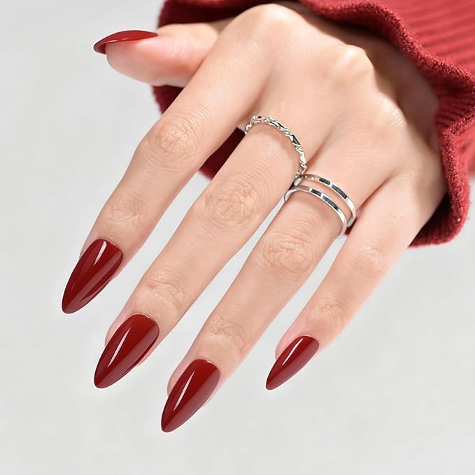 Wine Red Press On Nails Almond - Medium Dard Red Acrylic Nails Press Ons, Glue On Nails for Party Birthday Holiday Valentines Gift in 15 Sizes - 30 Fake Nails Kit, Dark Red