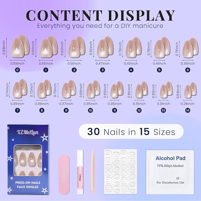 Light Brown Press On Nails Short Oval Cute Shimmer Acrylic Fake Nails, Jelly Glossy Full Cover Glue on Nail For Reusable Fall Artificial Stick on Nails for Salon Quality Nail Women 24 Pcs