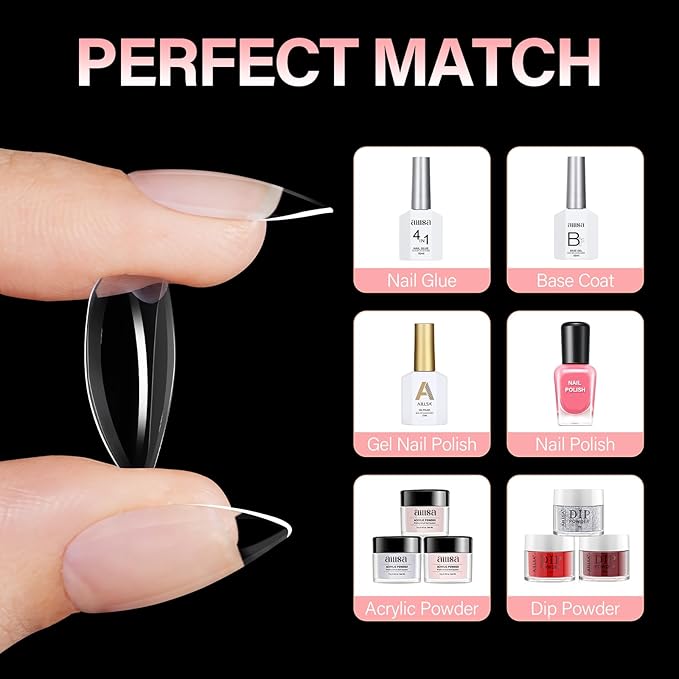 AILLSA Short Almond Nail Tips, 15 Sizes 240PCS Preshaped Soft Clear Gel Nails Tips Full Cover False Nails Tip Short Almond Shaped Tips