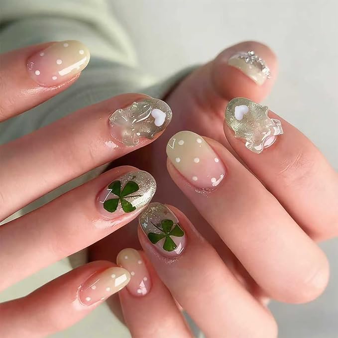 24Pcs St. Patrick's Day Press on Nails Short Oval Spring Fake Nails with 3D Bow Acrylic Nails Irish Shamrock Glue on Nails Green French Tip False Nails Polka Dots Stick on Nails for Holiday Manicure