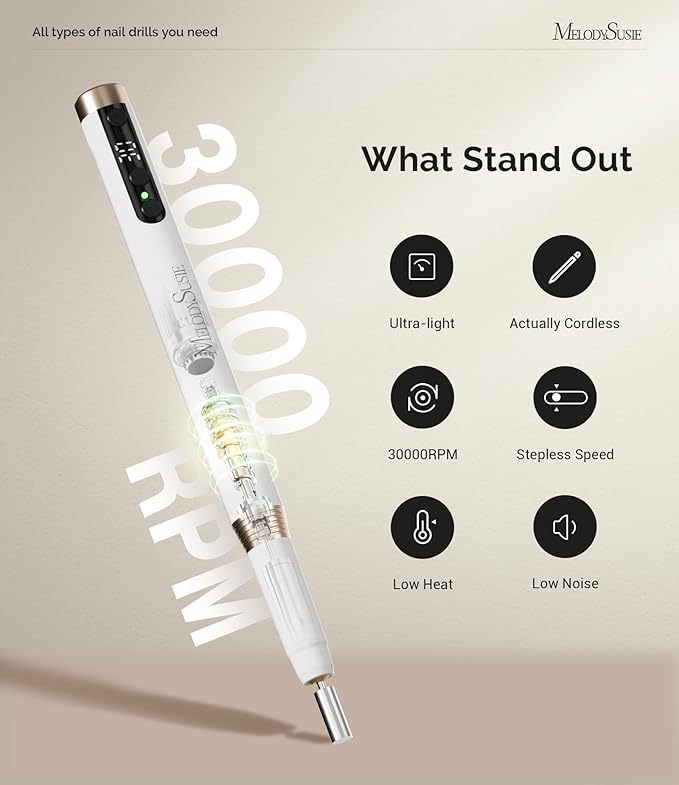 MelodySusie Pen-Shaped Ultra-Slim Cordless Nail Drill, PM170F 30000RPM Portable Rechargeable Electric File with LED Display for All Manicure, Nail Care, Shaping & Gel Removal for Advanced Home Use