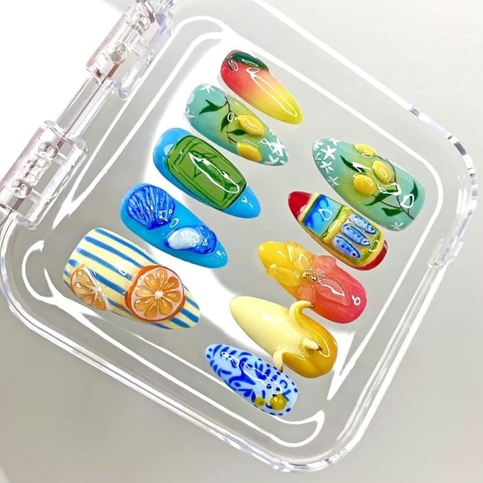 Press On Nails Medium Almond Shape False Nails, Handmade Acrylic Gel Fake Nails with Art Designs, Reusable 10 Pcs 3D Nails for Women DIY Manicure Kit