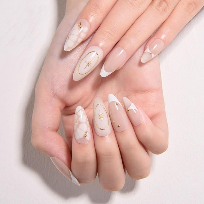 3D French Press on Nails Medium Almond with Bohemian Stars Design, Nude Nail + White Tip Glossy Stick on Nails for Women with Kit, Reusable Soft Gel Stick on Fake Nail with French Design Perfectly Fit