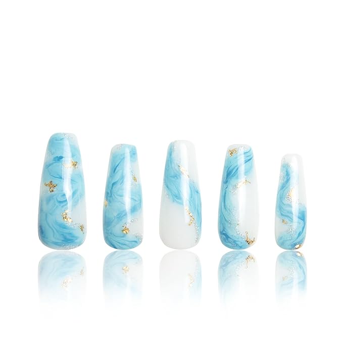 LOVFUL Press on Nails Blue Bay Wave French Tip | Handmade with Full Covered Crystals | Reusable Full Cover Nails | Coffin Classic Regular 1.3 in | H63-S