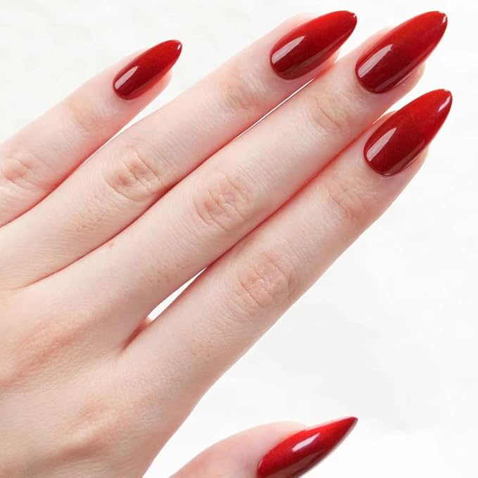 30Pcs Almond Press On Nails - Supremely Fit & Natural Soft Gel Almond Nails,15 Sizes, Reusable Fake Nails Kit with Gift Box for Women (Shiny Red)
