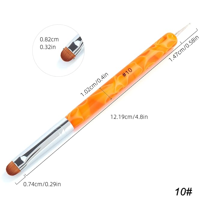 French Manicure Brush - Two Way Nail Art Brush with Dotting Tool for Manicure Cuticle Clean Up - Professional Salon Quality, Nail Dotting Pen (10#, Orange)