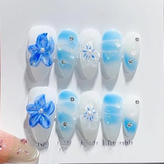 Medium Almond Press on Nails Handmade Nails Thick Fake Nails with Glue,Milky White False Nails with 3D Blue Flower Art Design Rhinestone Acrylic Nature Stick on Nail for Wome (Size S)