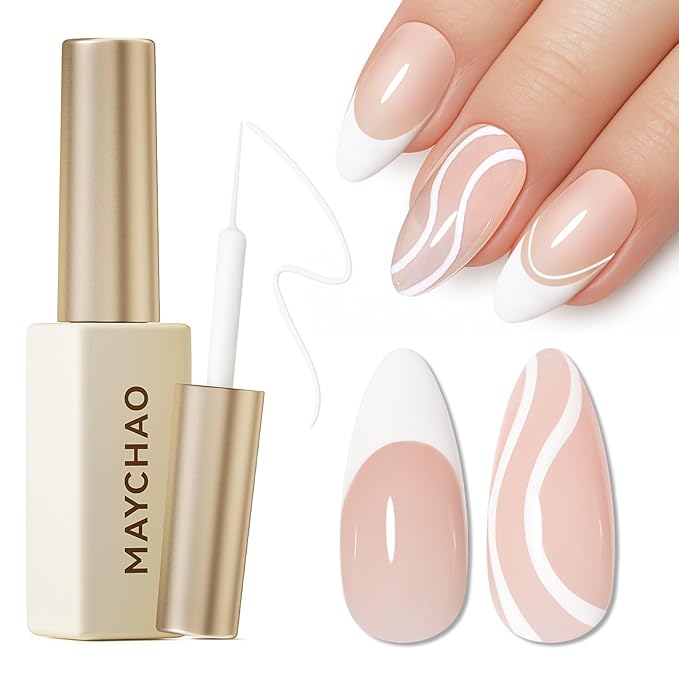 MAYCHAO White Swirl Gel Liner Nail Art Polish, 8ml Classic Pure White Gel Color Built-in Thin Brush, UV Light Cure for French Nail Tips DIY Manicure at Home Salon