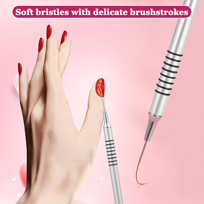 6Pcs Nail Art Liner Brushes Set, Fine Drawing Painting Details Design Striping Brush With Gel Polish Acrylic Handle Gifts Manicure Tools DIY Sizes 5/7/9/11/15/25mm, Silver