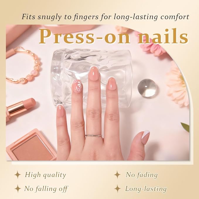French White Gold Press On Nails, Short Square Acrylic Fake Nails with 3D Gold Line French Tip Floral Design, Natural Reusable Glue-On Nails Kit for Women DIY Nail Art Decoration Gift