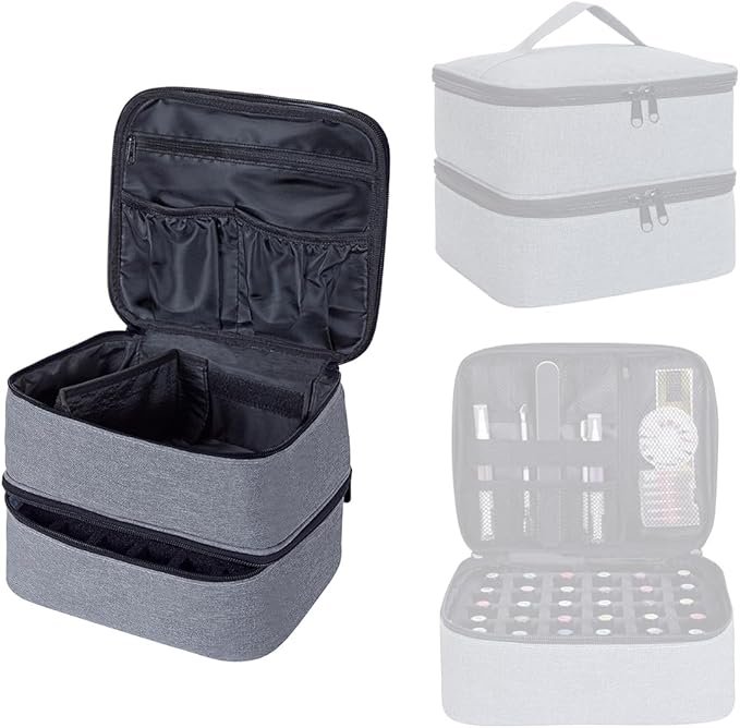 Nail Polish Organizer, Handheld Double Layer Organizer Holds 30 Bottles (15 ml/0.5 floz) with Adjustable Dividers for Nail Polish Small Manicure Lamp Manicure Tools Essential and Travel,Gray