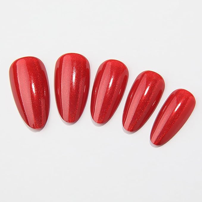 24Pcs Red Holographic Acrylic Press on Nails Short Almond - Reusable Fake Nails with Nail Glue Kit, Long Lasting Chameleon Static Nails for Women Daily Wear & Parties (Glossy Laser Design)