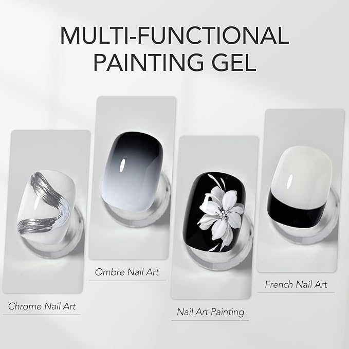 GAOY Black & White Painting Gel for Nail Art, No Wipe Creamy Gel Polish for Lines, Floral Designs, Patterns or French Nail Salon and Home DIY, UV Light Cure