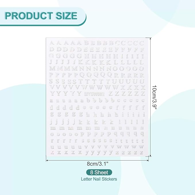 PATIKIL Letter Nail Stickers, 8 Sheet 3D Self-Adhesive English Letter Nail Decals Small Alphabet Art Sticker Metallic Fluorescence Design Manicure for Women DIY Decor, Laser Silver