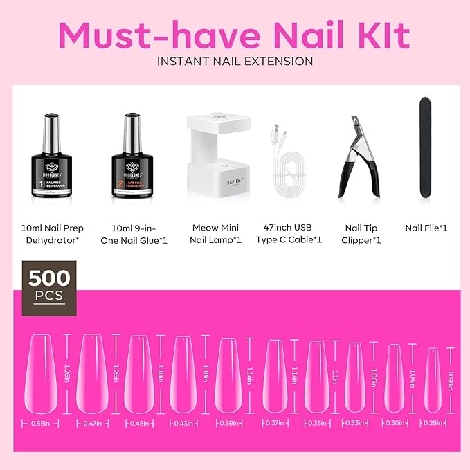 modelones Gel Nail Kit, Fake Nails Long Coffin, 9-in-One Glue Prep Dehydrator & Portable Mini U V Light Acrylic Clipper, 500Pcs Coffin Tips for Extension Kit DIY Salon Home Gifts for Women (Pack of 2)