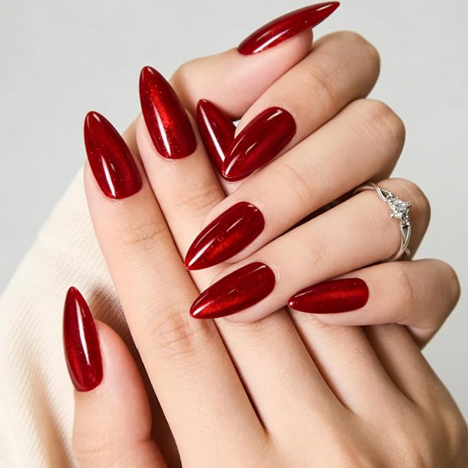 Valentines Red Cat Eye Press On Nails Almond Red Glitter Fake Nails Medium, Holiday Sparkle 15 Sizes Reusable Nail Kit - 30 Pcs with Glue